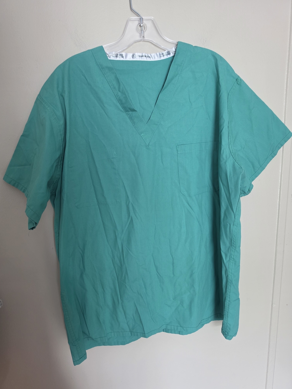 Fashion Seal Healthcare Scrub Top Mens L Green Teal V-Neck Short Sleeve